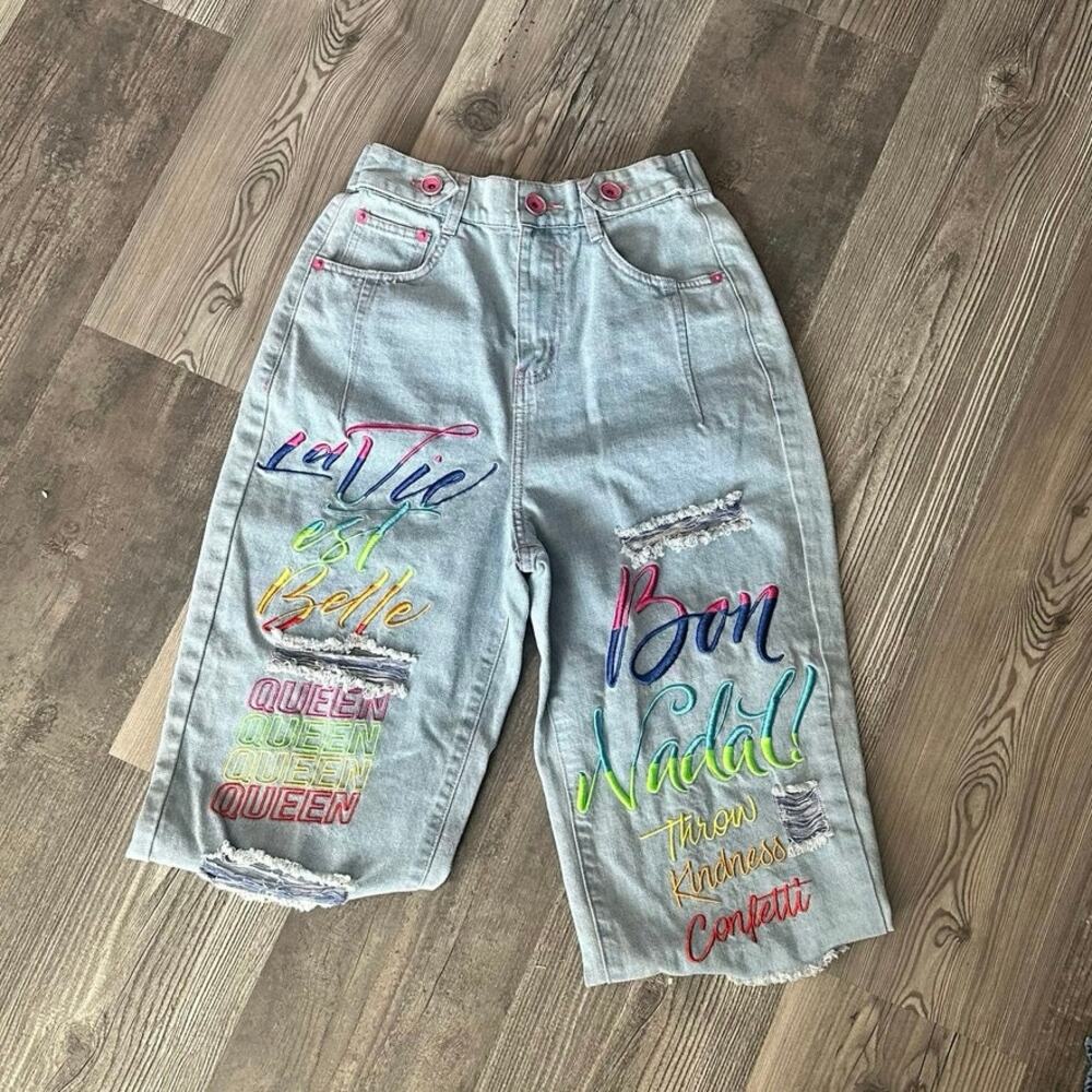 rainbow embroidered light blue jeans from japan